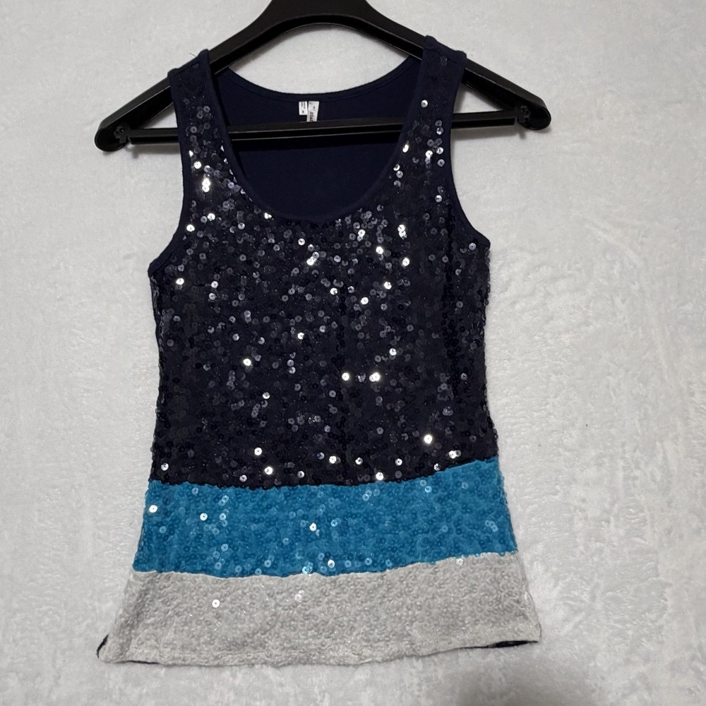 Studio Y Blue Sequin Tank Top Size Small Festival Rave 90s Glamour Slimming